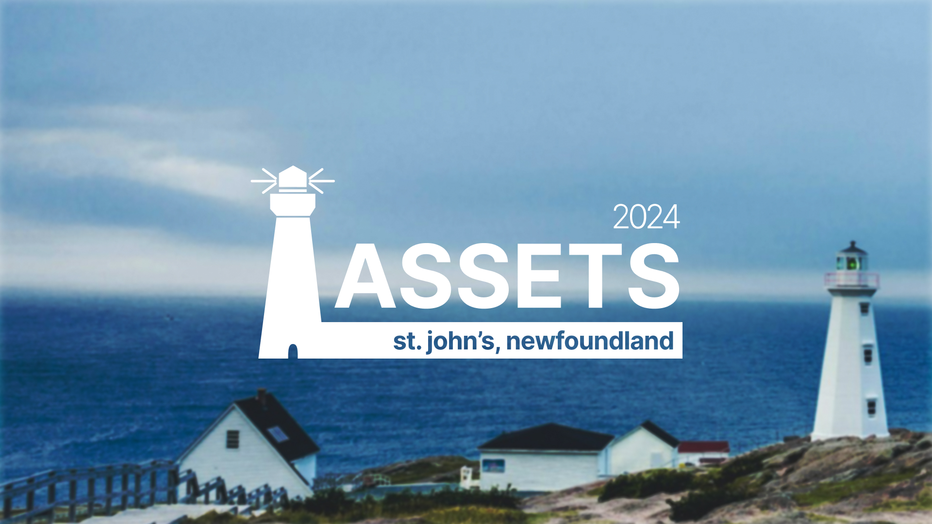 A slightly blurred out white lighthouse in the background, on a clifftop with a house. In the foreground is the ASSETS 2024 logo. It is displaying a lighthouse (similar to the one in the background to the left and the words 'assets' in the middle.